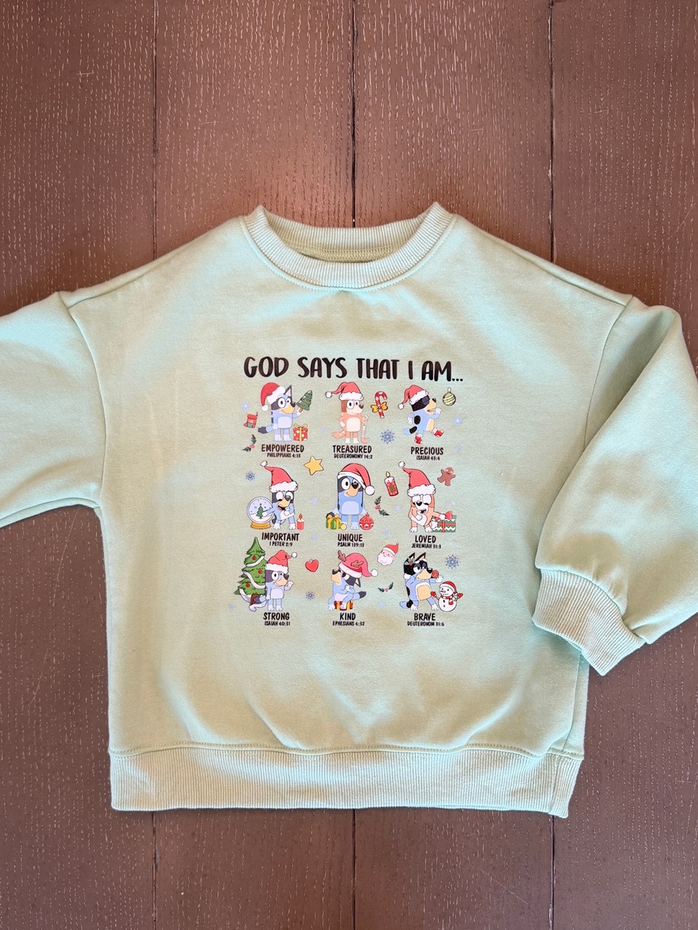 Etsy Girls’ “God Says That I Am…” Religious Bluey Christmas Sweatshirt • Size 5T